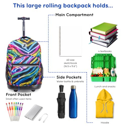 J World Sunrise Kids Rolling Backpack with Wheels for Girls Boys, Roller Bookbag for School, 18 x 13 x 9 Inches, Quantum - color: Quantum