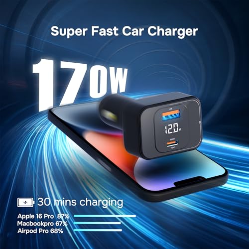 170W USB C Car Charger, Dual Port PD3.1 Adapter with LED Display & Cable | Dual Port Rapid Charging Hub (USB-C 140W, USB-A 30W), Cycling Data Monitor, Multi-Protection Chip, 3.3Ft 240W C to C Lead