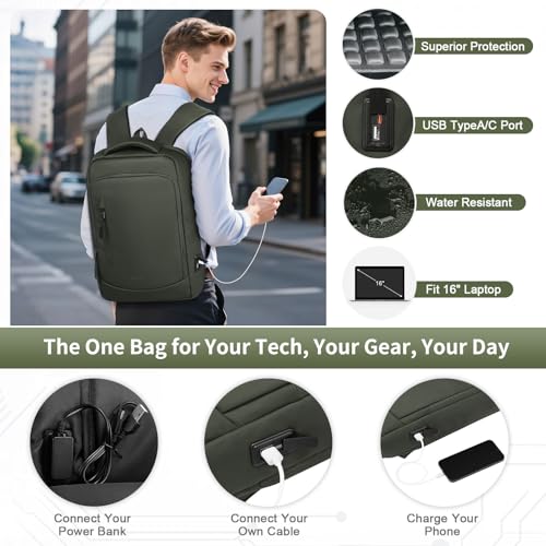 Small Inch Laptop Backpack with USB A/C Port, Slim Water-Resistant Computer Backpack for Work, College and Travel, Gray - color: Green