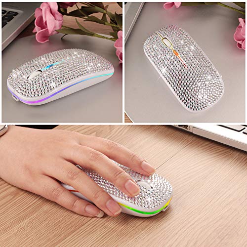Bluetooth Mouse,Bling Dazzling 2.4GHz Rechargeable Wireless Mouse Slim Mouse with USB Receiver, Compatible with Notebook, PC, Laptop, Computer, MacBook,Great Present idea for Her (White) - color: White