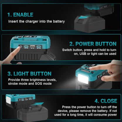 140W Fast Battery Bidirectional Charger Compatible with Makita 18V Battery | Dual USB-C 140W Output, Single USB-A 18W Output, Maximum Output of 280W, 700LM LED Work Light & LED Display (No Battery) - color: Blue