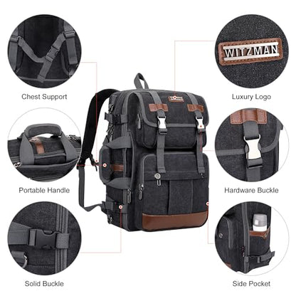 WITZMAN Canvas Travel Backpack for Men Large Laptop Backpack Fits 16 Inch | Expandable 32L to 42L, Carry-on Airline Approved Convertible Shoulder Rucksack, For Vacation, Overnight Trip, A6617 Black - color: Black