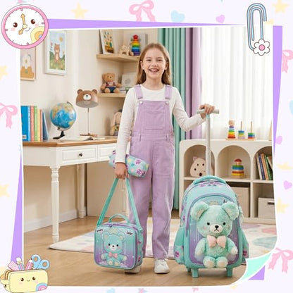 Meetbelify Rolling Backpack for Girls Backpacks with Wheels for Elementary Student Kids School Travel Bag for Girls Ages 6-8 Years Old - color: Green