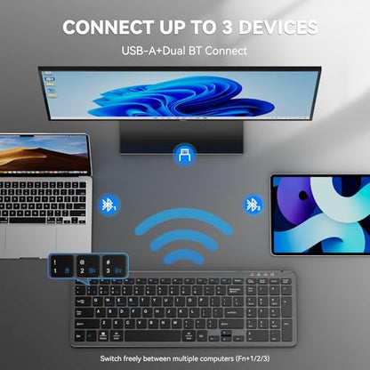 TECKNET Rechargeable Bluetooth Slim Wireless Keyboards USB+BT Multi Device | Compact Keyboard with Number Pad, Low Profile Flat Keyboards for Laptop, Computer, Macbook, Mac, Windows