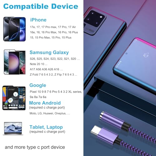 for iPhone 16e 17e 16 17 Pro Max Air, Headphone Earphone Jack Adapter for iPhone 16 Plus, 15, 15 Pro, 15 Pro Max, 15 Plus, USB C to 3.5mm Headset Earbud Audio Adapter for Samsung Galaxy S25 Edge Ultra - color: Purple