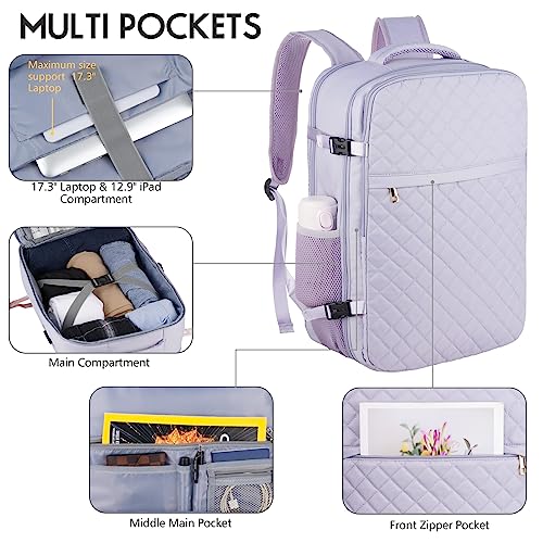 Large Travel Backpack Women, Flight Approved Carry On Backpack, Water Resistant Anti-Theft Large Casual Daypack Fit 17 Inch Laptop with USB Charging Port - color: Purple, size: 17.3 inch