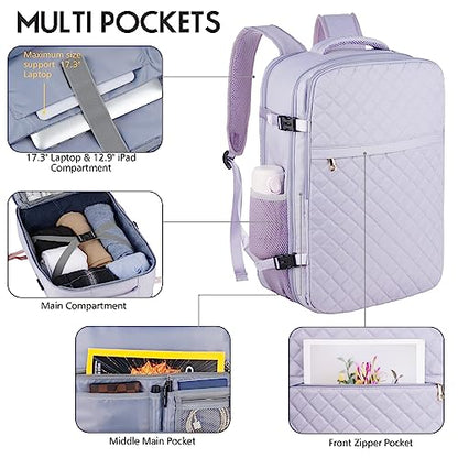 Large Travel Backpack Women, Flight Approved Carry On Backpack, Water Resistant Anti-Theft Large Casual Daypack Fit 17 Inch Laptop with USB Charging Port - color: Purple, size: 17.3 inch