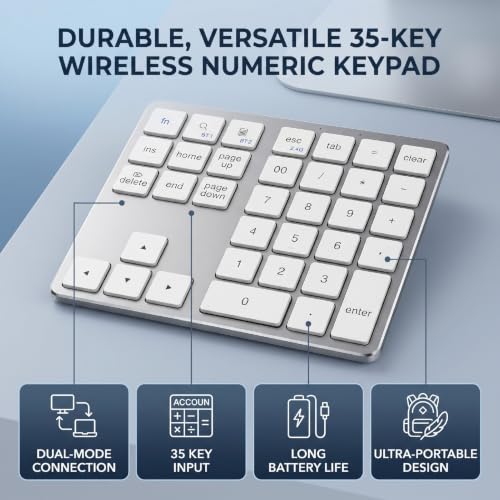 Wireless Number Pad, 35 Key Quiet Scissor Switch, Ultra Light Compact, Bluetooth 2.4G Dual Mode, Rechargeable, for Laptop PC Desktop (White) - color: White