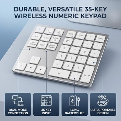 Wireless Number Pad, 35 Key Quiet Scissor Switch, Ultra Light Compact, Bluetooth 2.4G Dual Mode, Rechargeable, for Laptop PC Desktop (White) - color: White