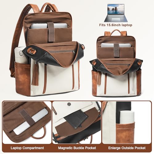 Laptop Backpack for Women 15.6 inch,Travel Leather Backpack Purse Nurse Teacher Carry on Backpack Computer Bag,Professional Water-Resistant College Business Work Casual Daypack,Two-tone Maroon - color: Black With Brown and White