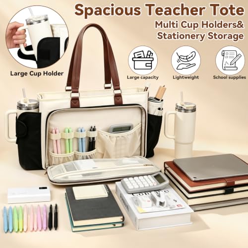 Veirdro Teacher Laptop Tote Bag for Women with Large Leakproof Cup Holder, Waterproof Work Tote Bags with Padded 15.6 in Laptop Compartment, Quilted Nurse Bag with Carrying Purse for Office, Black