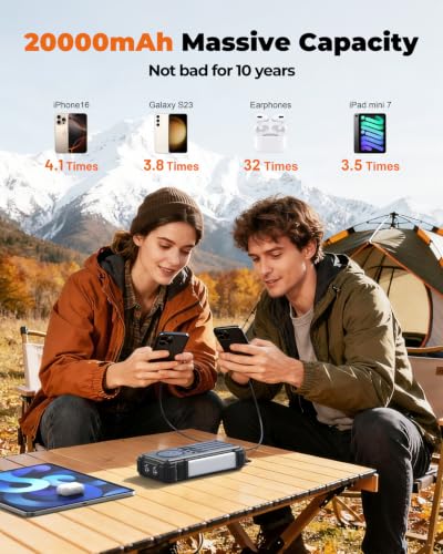 BLAVOR Solar Power Bank with Hand Crank and 4 Cables, 20000mAh Wireless Portable Charger with USB C & Camping Light, 20W Fast Charging Battery Pack for iPhone, iPad, Samsung, All Mobile Phones - color: Black