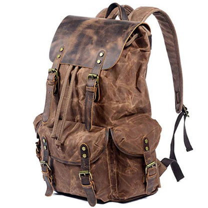 WUDON Leather Backpack for Men, Waxed Canvas Shoulder Rucksack Carry-On Travel Backpack - color: Coffee-oversize