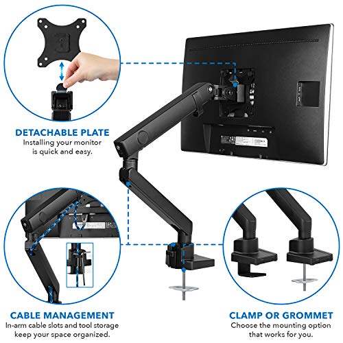 Mount-It! Single Monitor Arm Desk Mount for 24-32 Inch Computer Monitor, Full Motion Aluminum Mount, VESA 75x75 100x100, Holds up to 17.6 lbs, Cable Management, C-Clamp and Grommet Base, Black
