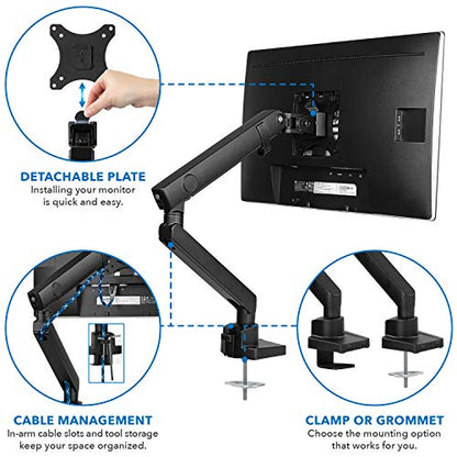 Mount-It! Single Monitor Arm Desk Mount for 24-32 Inch Computer Monitor, Full Motion Aluminum Mount, VESA 75x75 100x100, Holds up to 17.6 lbs, Cable Management, C-Clamp and Grommet Base, Black