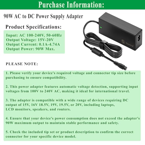 90W Laptop Charger Universal 15V-20V Power Supply Adapter. | for 15V 18V 19V 19.5V 20V Lenovo HP Dell ASUS Acer Samsung Sony Fujitsu Notebook Chromebook Power Supply Cord with 15 Tips