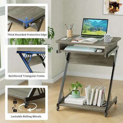 ALISENED Computer Desk for Small Spaces Compact Desk with Keyboard Tray | 23.6" Z-Shaped, with Wheels and Bottom Shelves, for Home Office, Computer Cart Mobile Laptop Cart, Grey - color: Grey