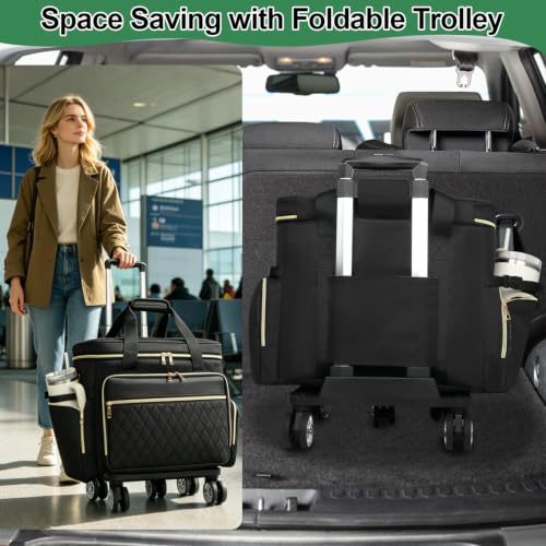 SIYNPAV 5-Wheeled Rolling Teacher Bag with Detachable Trolley, 15.6 Inch Laptop Sleeve & Accordion File Organizer, Large Capacity Teacher Tote with Cup Holder for School Office, Black