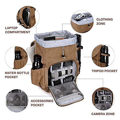 BAGSMART Camera Backpack DSLR Camera Bag Backpacks for Photographers | Waterproof Anti-Theft Photography Backpack with 15 Inch Laptop Compartment - color: C-khaki[single Buckle]