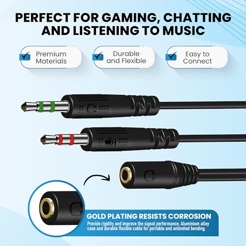 3.5 mm Headphone Jack to Two Microphone and Headphone 3.5 mm AUX Audio Cable Splitter, Smartphone Headset to PC Adapter, Black