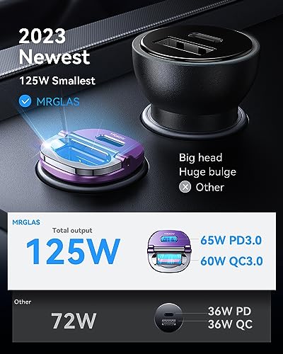 MRGLAS【Upgraded】 125W USB C Car Charger Super Fast Charging for iPhone 17 | [PD65W & QC60W][All Metal] Cigarette Lighter Car Charger,Dual Port for iPhone 16 15 Pro iPad Samsung S25/S24 MacBook-Purple - color: Purple