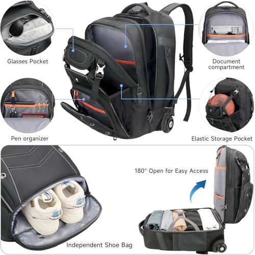 2-in-1 Large Rolling Laptop Backpack for Women Men, 50L Backpack with Wheels, USB Charging Port, Shoe Compartment Carry On Luggage for Travel, College, Sports, Gym, Weekend Trip