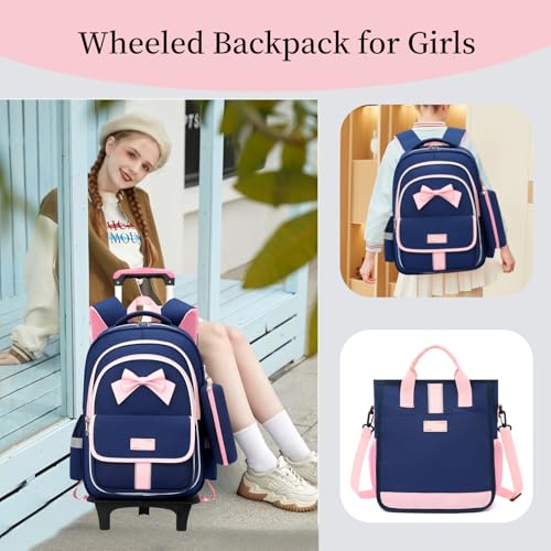 MITOWERMI Rolling Backpack for Girls 3Pcs Elementary School Bag Cute Bowknot Backpack with Wheels Girls Bookbags with Handbag Trolley Bags Kids Carry-On Luggage - color: Style c-3Pcs Dark Blue-2 Wheels, style: 2 Wheels Trolley + Backpack Sets