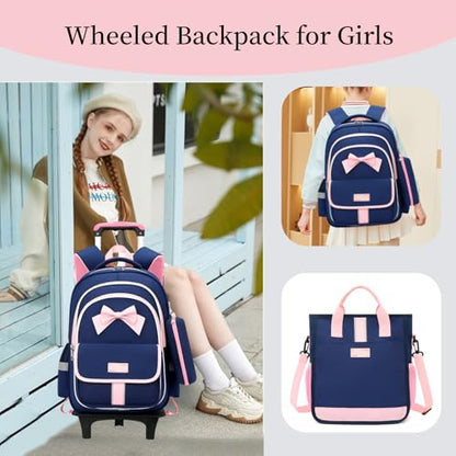 MITOWERMI Rolling Backpack for Girls 3Pcs Elementary School Bag Cute Bowknot Backpack with Wheels Girls Bookbags with Handbag Trolley Bags Kids Carry-On Luggage - color: Style c-3Pcs Dark Blue-2 Wheels, style: 2 Wheels Trolley + Backpack Sets