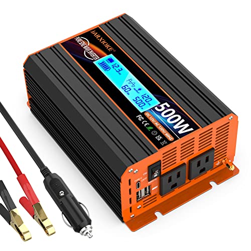 500 Watt Pure Sine Wave Power Inverter 12V DC to 110V 120V Converter for Home, RV and Off-Grid Solar Systems with Type-C Port, 2 AC Outlets, 2 USB Ports, LCD Display - size: PSW-500W