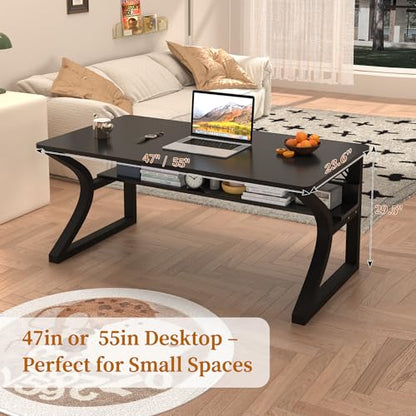 55'' Computer Desk Home Office Desk, Modern Computer Desk w/U Shaped Metal Frame, Storage Shelves, PC Table Study Writing Desk Workstation for Home Office (55inch/Black) - size: 55inch/Black