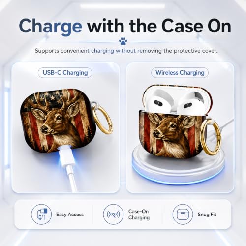 Compatible with AirPod 4 Case 2024, Cute Hard Plastic Protective Cover for Airpod 4th Generation Women, Shockproof Shell Skin with Gold Ring Keychain,American Flag Deer Forest - color: American Flag Deer Forest