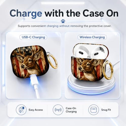 Compatible with AirPod 4 Case 2024, Cute Hard Plastic Protective Cover for Airpod 4th Generation Women, Shockproof Shell Skin with Gold Ring Keychain,American Flag Deer Forest - color: American Flag Deer Forest