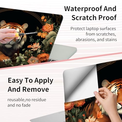 15.6 Inch Laptop Skin Sticker, Reusable Vinyl Cover Protector with 2 Wrist Pad Skins, Removable Waterproof Scratch-Resistant for 12-15.6 Inch Laptop Notebook,Tiger and Flowers - color: Tiger and Flowers