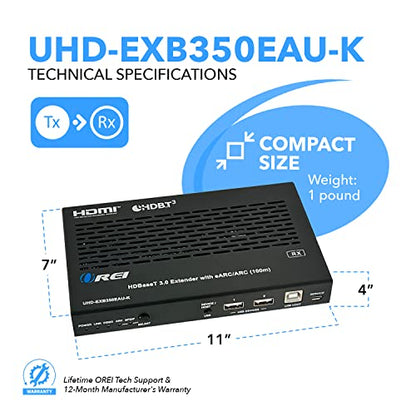 OREI 4K eARC HDMI Extender Balun HDBaseT 3.0 UltraHD 4K @ 60Hz 4:4:4 Over Single CAT5e/6/7 Cable with HDR, LAN, ARC & IR Support, RS-232 Up to 330 Ft Audio Out - Power Over Cable - LAN Out | HDBaseT, ARC HDMI Extender – HDR10+, Dolby Vision, USB KVM, HDMI