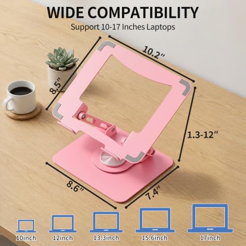 SOUNDANCE 360 Rotating Laptop Stand, Ergonomic Computer Riser for Desk, Adjustable Height Multi-Angle Metal Holder, Foldable Portable Notebook Elevating Base for Office & Home, Pink - color: Pink