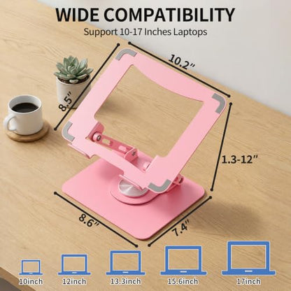 SOUNDANCE 360 Rotating Laptop Stand, Ergonomic Computer Riser for Desk, Adjustable Height Multi-Angle Metal Holder, Foldable Portable Notebook Elevating Base for Office & Home, Pink - color: Pink