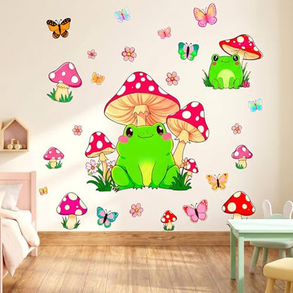 Cute Frog Red Mushroom Wall Decal Butterfly Flower Kids Nursery Decor Art | Adorable forest themed wall art, butterflies small flowers, removable vinyl decor for nursery, kids bedroom, preschool - style: Mushroom#5