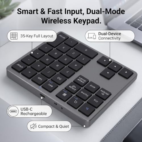 Wireless Number Pad, 35 Key Quiet Scissor Switch, Ultra Light Compact, Bluetooth 2.4G Dual Mode, Rechargeable, for Laptop PC Desktop (Black) - color: Black