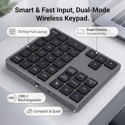 Wireless Number Pad, 35 Key Quiet Scissor Switch, Ultra Light Compact, Bluetooth 2.4G Dual Mode, Rechargeable, for Laptop PC Desktop (Black) - color: Black