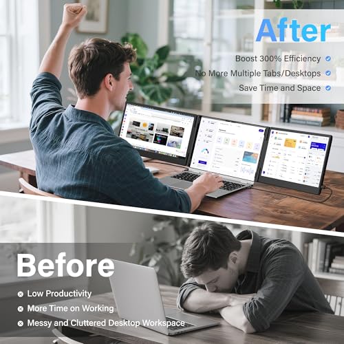 Laptop Screen Extender, 14" Triple Monitor Extender, 1080P FHD Portable Monitor for Laptop, Upgraded Auto-Width Fits 13-17.3" Laptops, Plug & Play Screen Extender Compatible with Windows/Mac/Chrome - size: Triple 14 inch