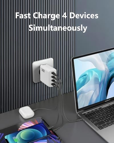 140W USB C Charger, 4-Port Foldable Compact Fast Laptop Charger Power Adapter, Advanced GaN Wall Charger, Compatible for MacBook Pro/Air, iPad Pro, iPhone 16, Galaxy S25, Steam Deck, and More (White) - color: White