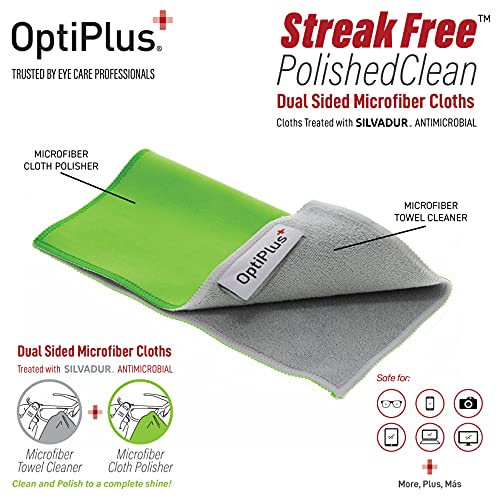 OptiPlus Anti-Fog Lens Cleaning Spray and Dual Microfiber Cloth | Streak-Free Cleaner and Defogging Spray for Glasses, Laptops Screens, Smart Phones, Optical Lens, Goggles, and Watch Screen l 2oz