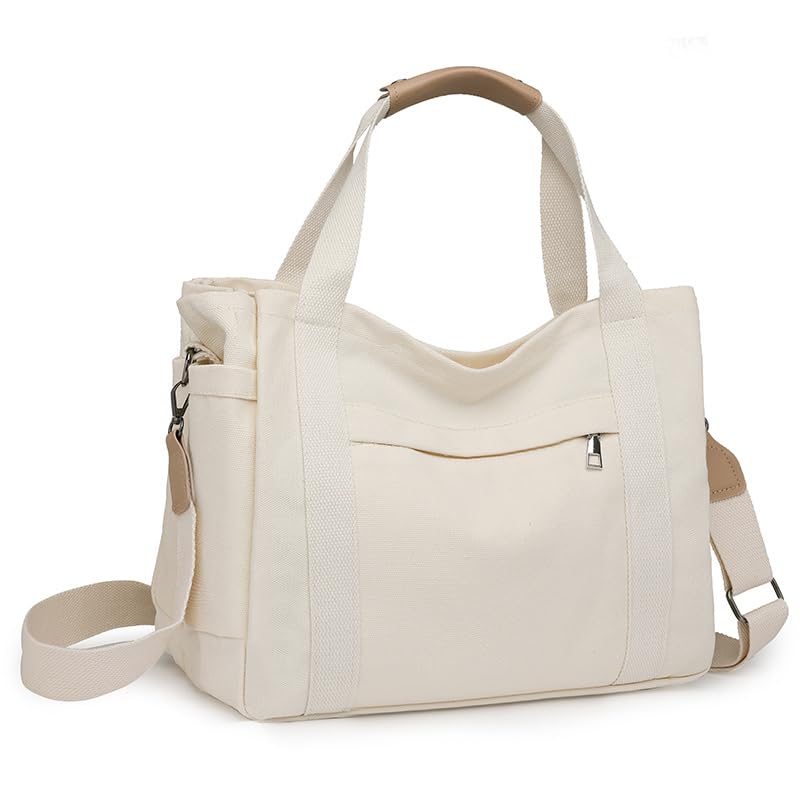 JARKJARD Canvas Crossbody Tote Bag for Women Laptop Work Handbag | Cute Aesthetic Shoulder Messenger Purse with Zipper Pockets and Compartments Great for Daily Travel and Office use - color: White