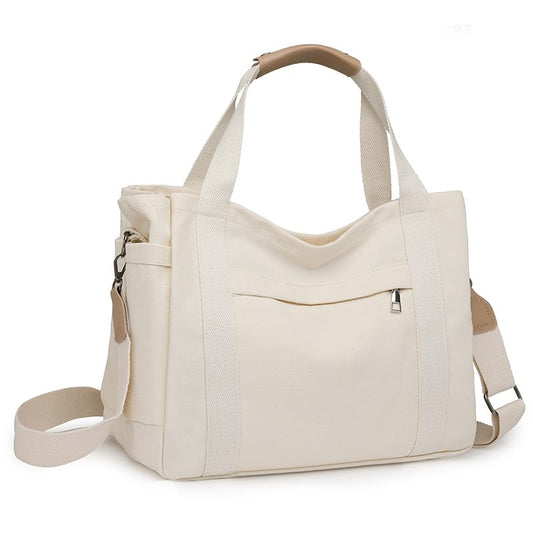 JARKJARD Canvas Crossbody Tote Bag for Women Laptop Work Handbag | Cute Aesthetic Shoulder Messenger Purse with Zipper Pockets and Compartments Great for Daily Travel and Office use - color: White