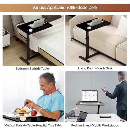 BeGyoku Overbed Table,Over The Bed Table with Hidden Wheels&Cup Holder,Adjustable Bedside Table and Rolling Table Tray&Laptop Cart,Hospital Table Over Bed for Home Use (Black) - color: Black