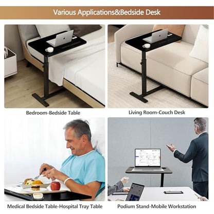 BeGyoku Overbed Table,Over The Bed Table with Hidden Wheels&Cup Holder,Adjustable Bedside Table and Rolling Table Tray&Laptop Cart,Hospital Table Over Bed for Home Use (Black) - color: Black