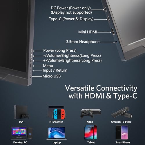 cocopar Portable Monitor 17.3 Inch 1080P FHD 60Hz 100% sRGB Travel Monitor with Speaker HDMI USB-C Second Screen for Laptop MacBook Surface PC Xbox PS4/5, VESA Mountable, with Full Cover Stand - size: 17.3 inch