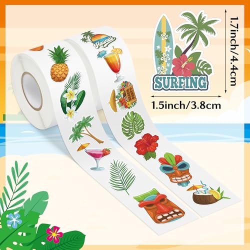 Hawaii Summer Stickers Rolls - 1000 Pcs Hawaii Waterproof Vinyl Reusable Laptop Stickers Coloring Book Scrapbook Water Bottle Page Activity Pad Summer Birthday Party Favors Gift Skateboard - style: Hawaii Summer