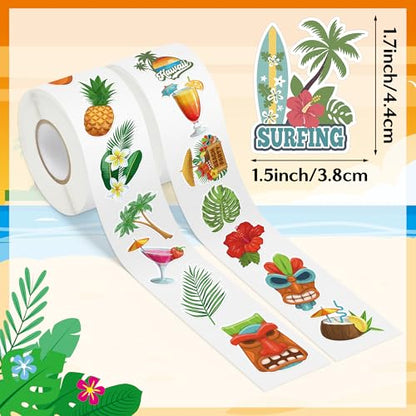 Hawaii Summer Stickers Rolls - 1000 Pcs Hawaii Waterproof Vinyl Reusable Laptop Stickers Coloring Book Scrapbook Water Bottle Page Activity Pad Summer Birthday Party Favors Gift Skateboard - style: Hawaii Summer