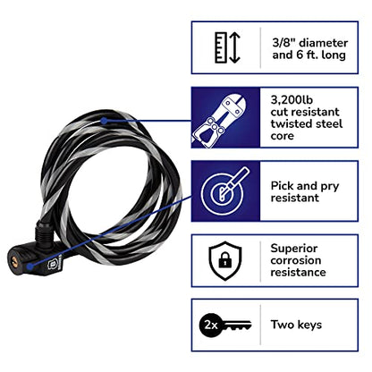 BRINKS - 3/8" X 6' Keyed Locking Flexible Steel Loop Cable - Heavy Duty Vinyl Wrap for Corrosion Protection